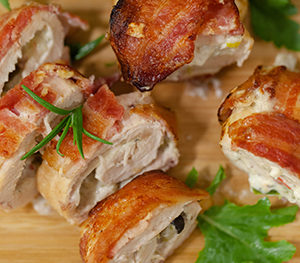 bacon wrapped olive salsa stuffed chicken